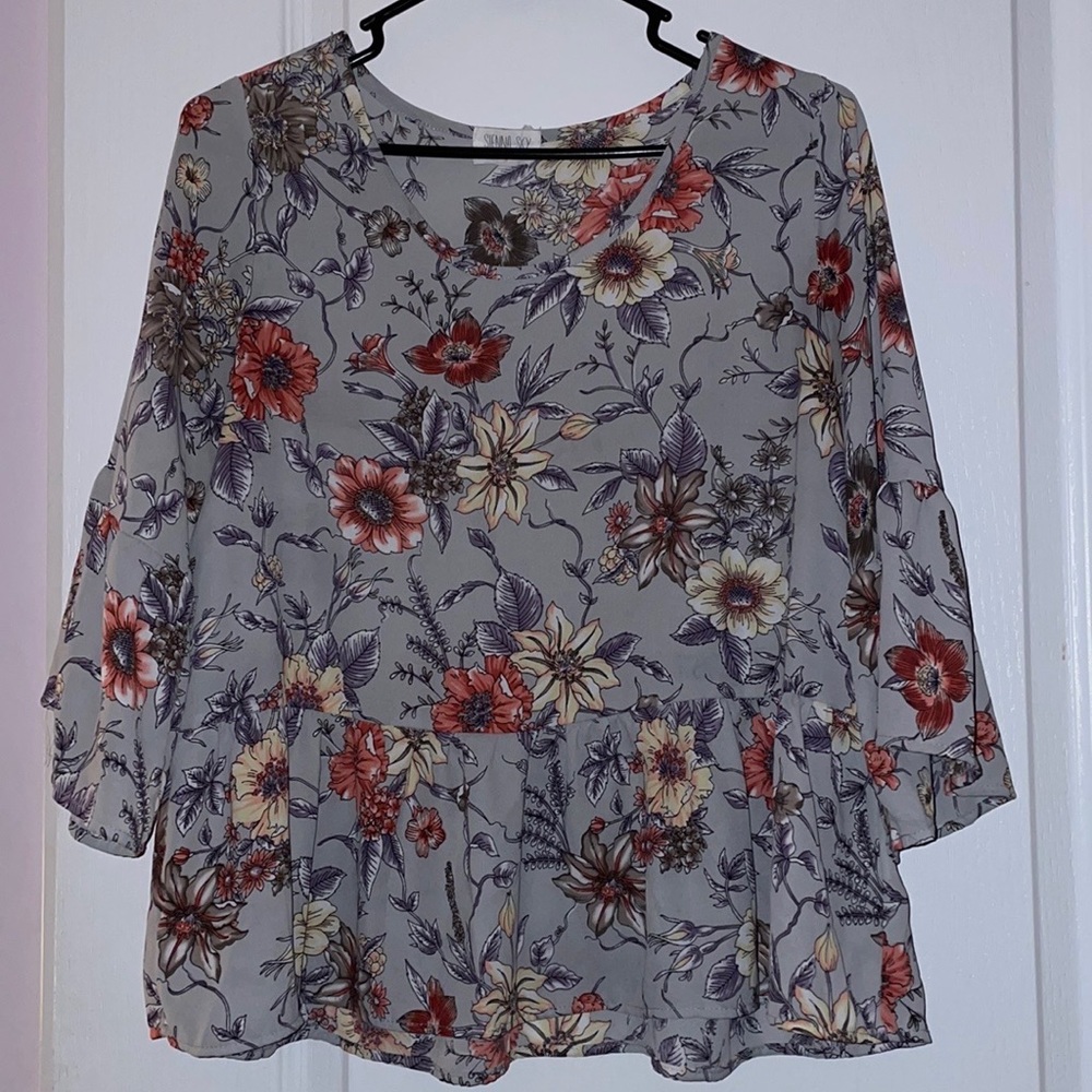 Blueish Grey Floral Blouse